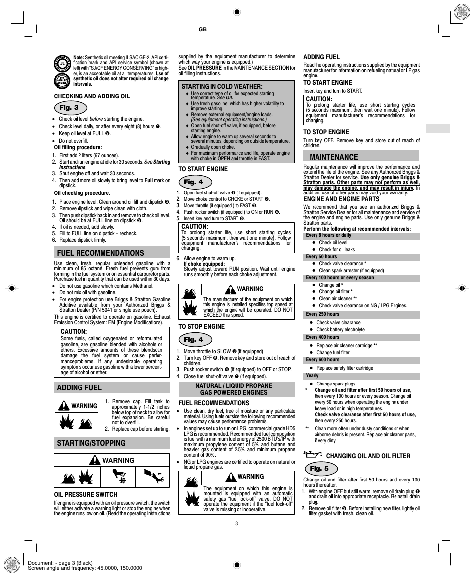 Fuel recommendations, Adding fuel, Starting/stopping | Maintenance | Vanguard 540000 User Manual | Page 5 / 24