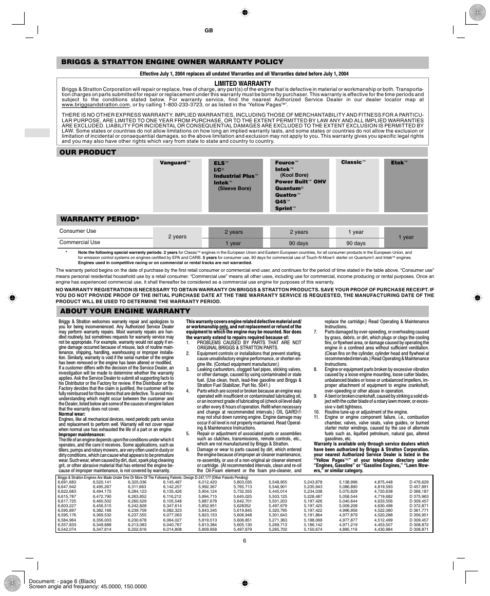 Briggs & stratton engine owner warranty policy, Limited warranty, Our product warranty period | About your engine warranty | Vanguard 540000 User Manual | Page 8 / 24
