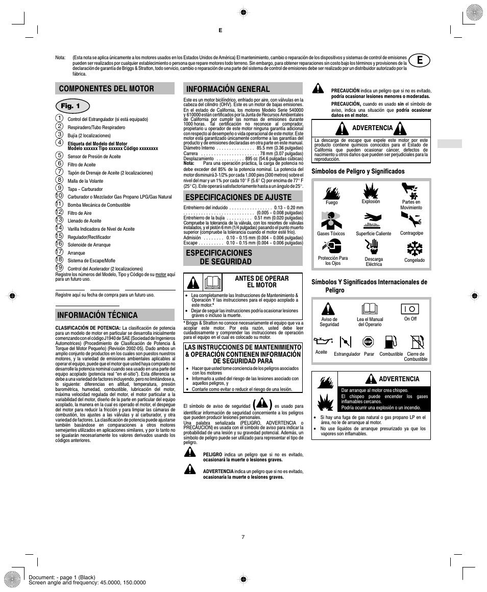 Componentes del motor, Información técnica, Información general | Especificaciones de ajuste, Especificaciones de seguridad | Vanguard 540000 User Manual | Page 9 / 24