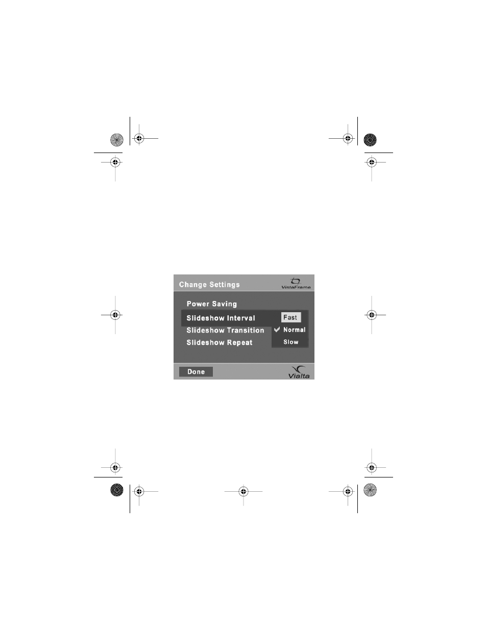 Heading 2 - changing the interval between slides, Changing the interval between slides | Vialta VISTAFRAME VF-100 User Manual | Page 24 / 42