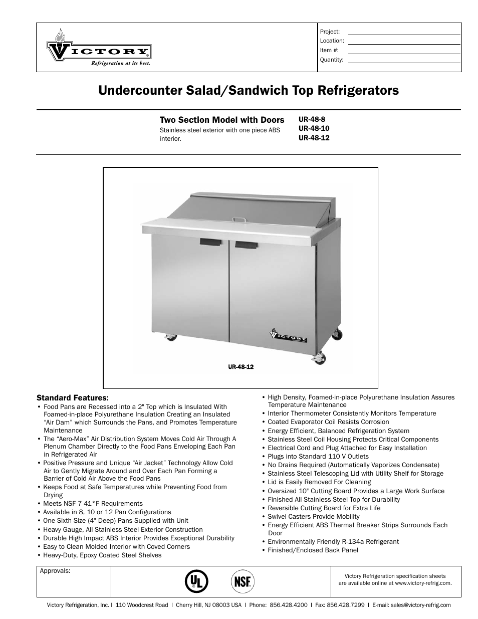 Victory Refrigeration UR-48-10 User Manual | 2 pages