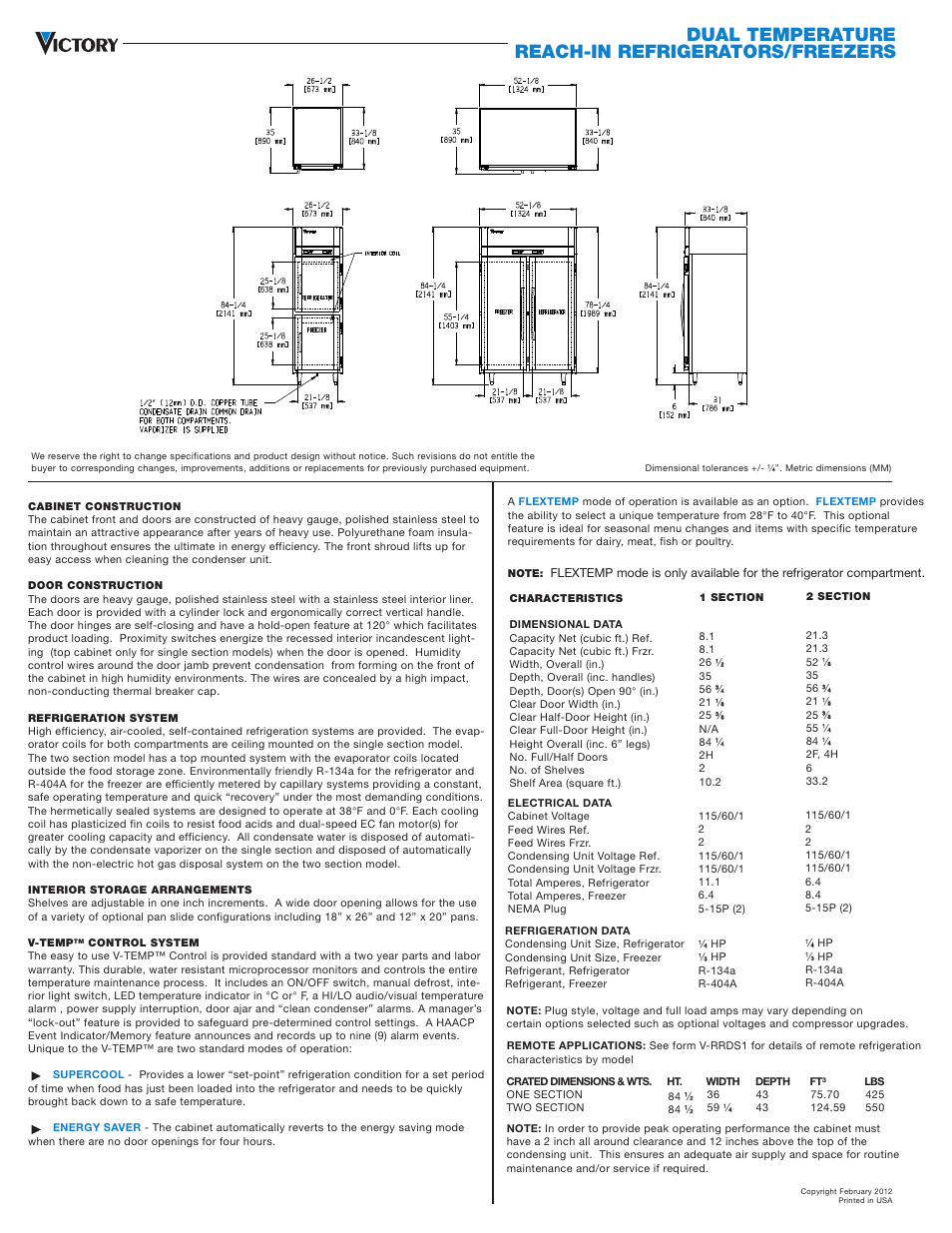 Dual temperature reach-in refrigerators/freezers | Victory Refrigeration RFS-2D-S7 User Manual | Page 2 / 2