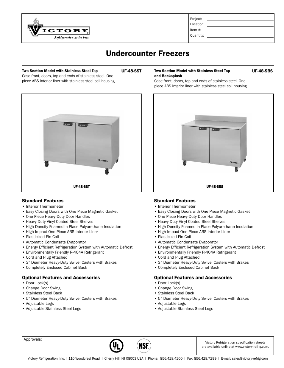 Victory Refrigeration UF-448-SSBS User Manual | 2 pages