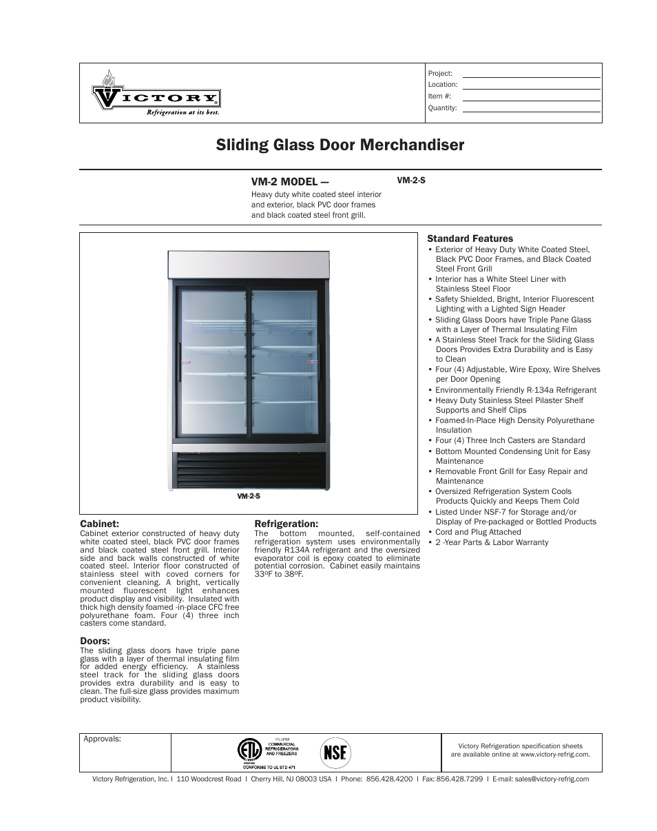 Victory Refrigeration Sliding Glass Door Merchandiser VM-2S User Manual | 2 pages