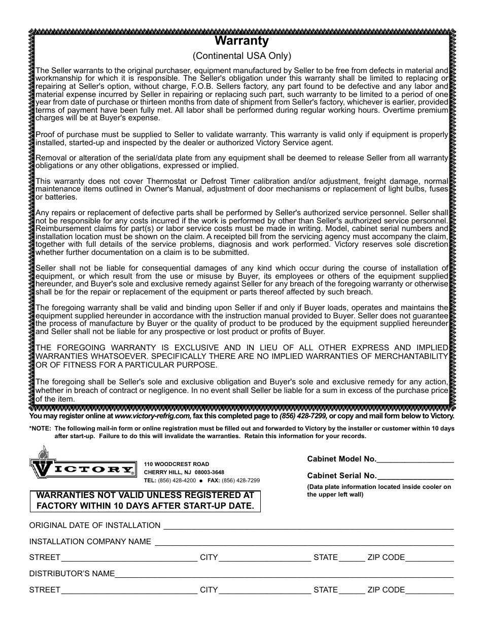 Warranty | Victory VPT-119-NS User Manual | Page 3 / 13