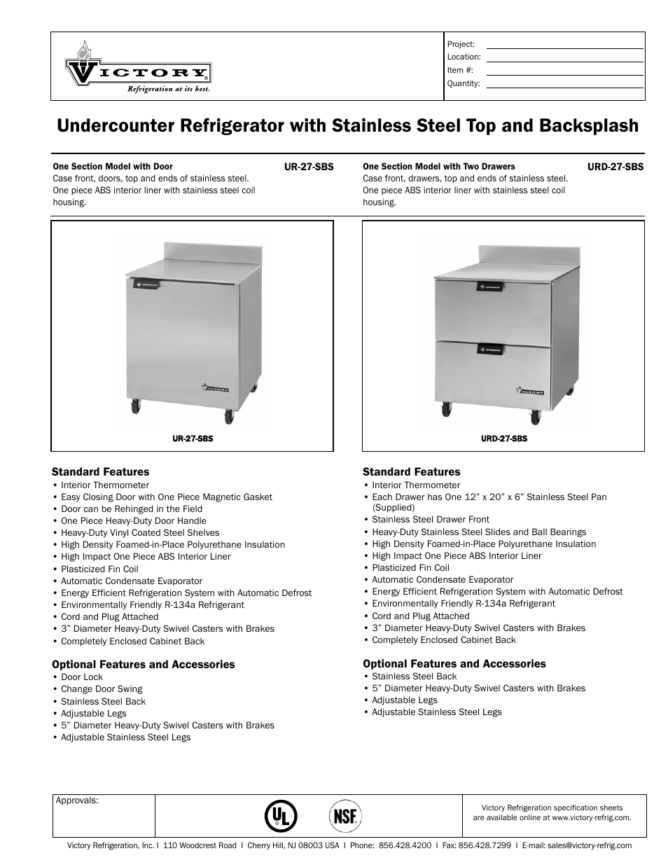 Victory Refrigeration UR-27-SBS User Manual | 2 pages