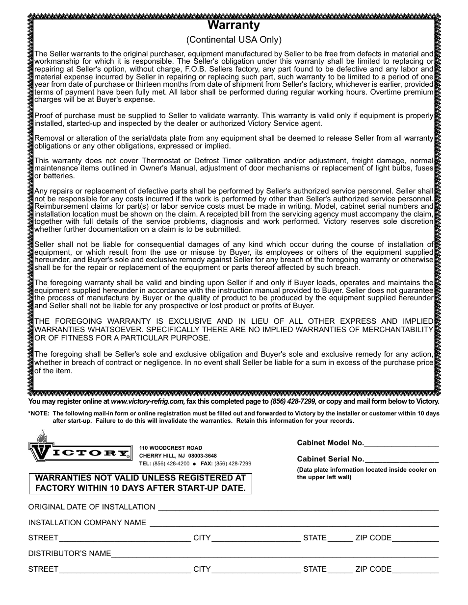 Warranty | Victory V-Series Refrigerators & Freezers Prior Models User Manual | Page 3 / 17