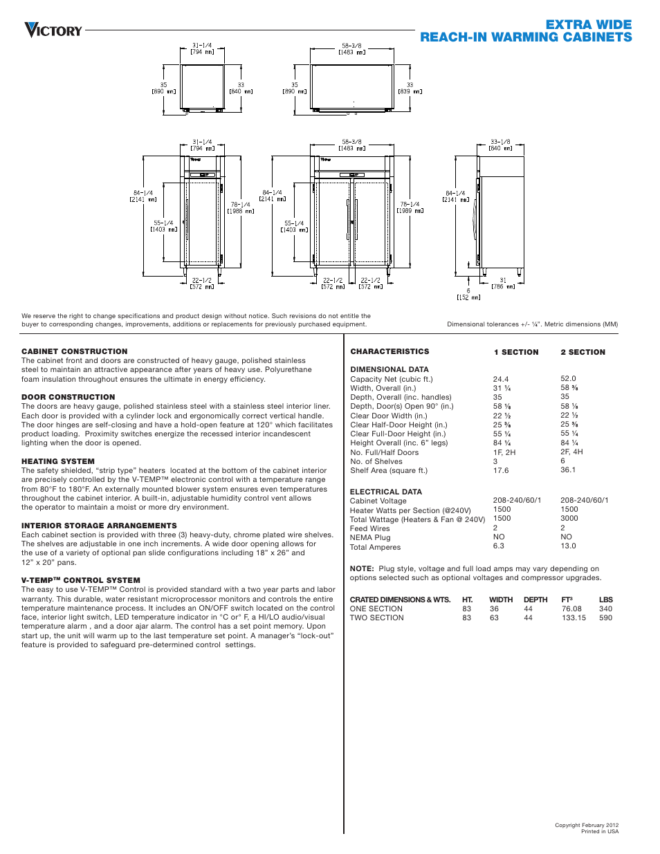 Extra wide reach-in warming cabinets | Victory Refrigeration HS-1D-7-EW User Manual | Page 2 / 2