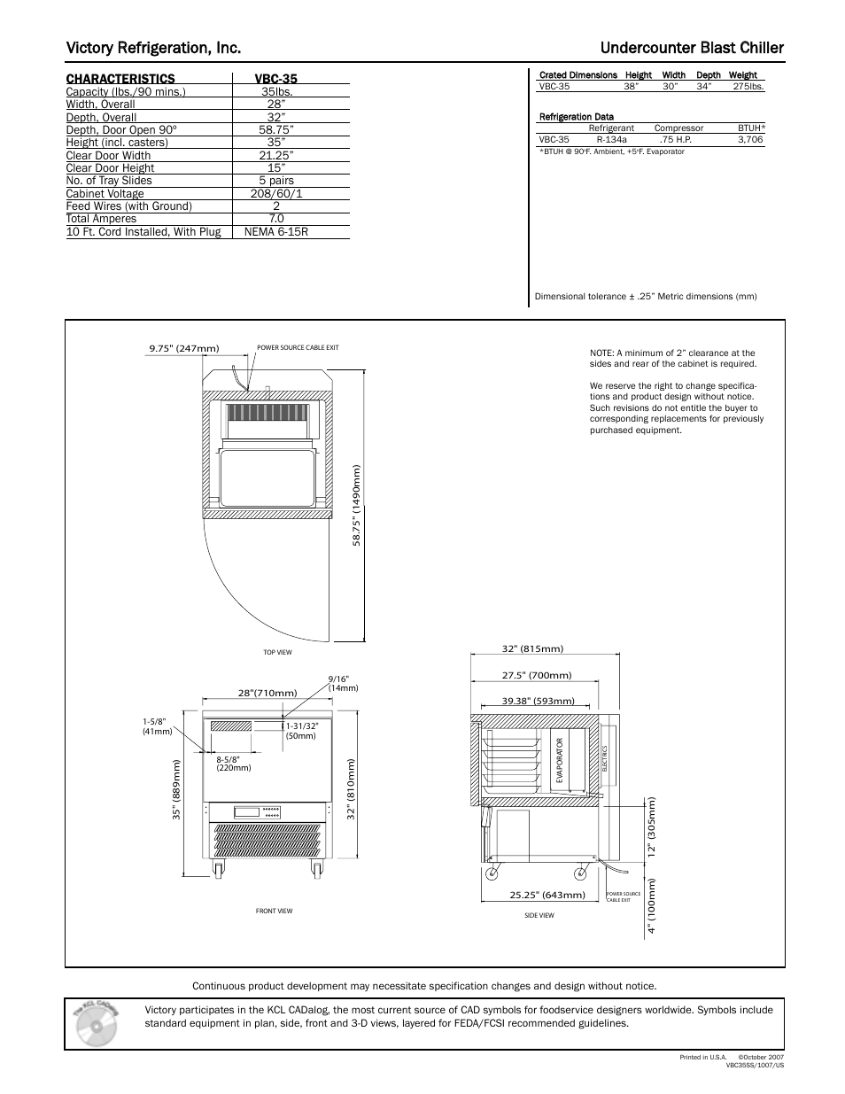 Characteristics vbc-35 | Victory Refrigeration VBC-35 User Manual | Page 2 / 2