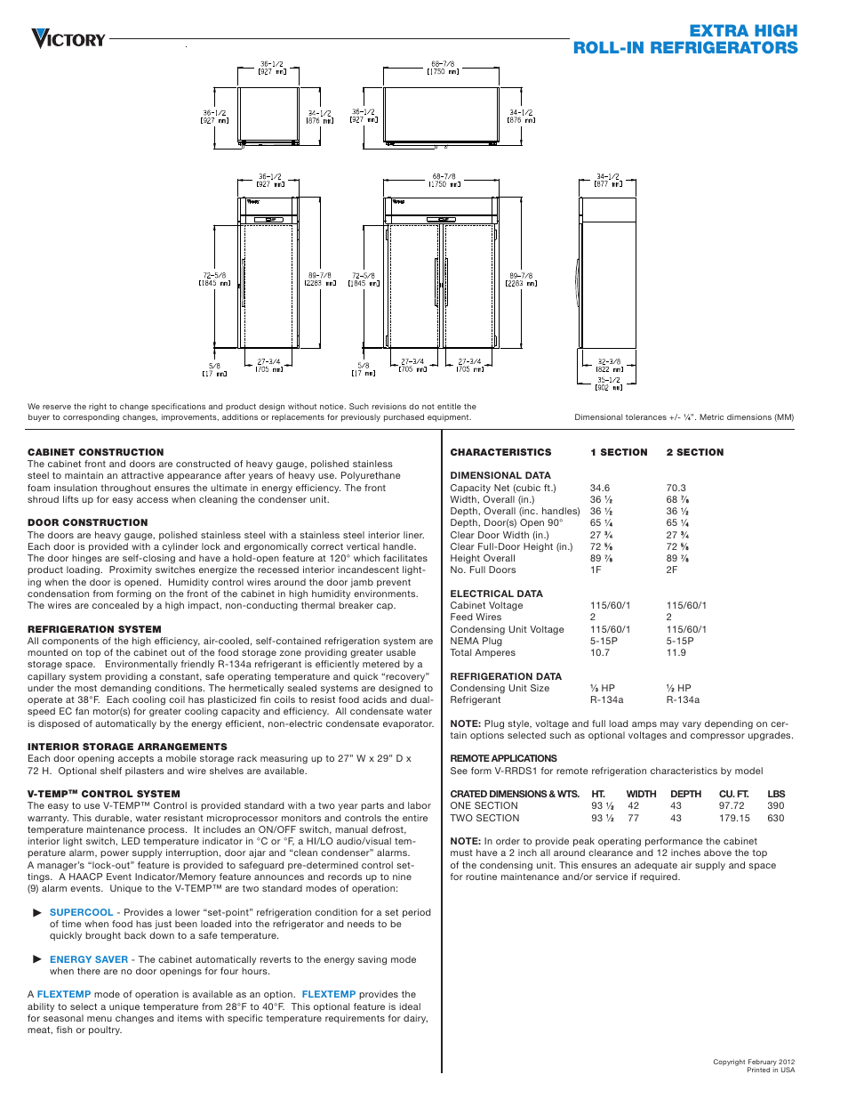 Extra high roll-in refrigerators | Victory Refrigeration RISA-2D-S7-XH User Manual | Page 2 / 2