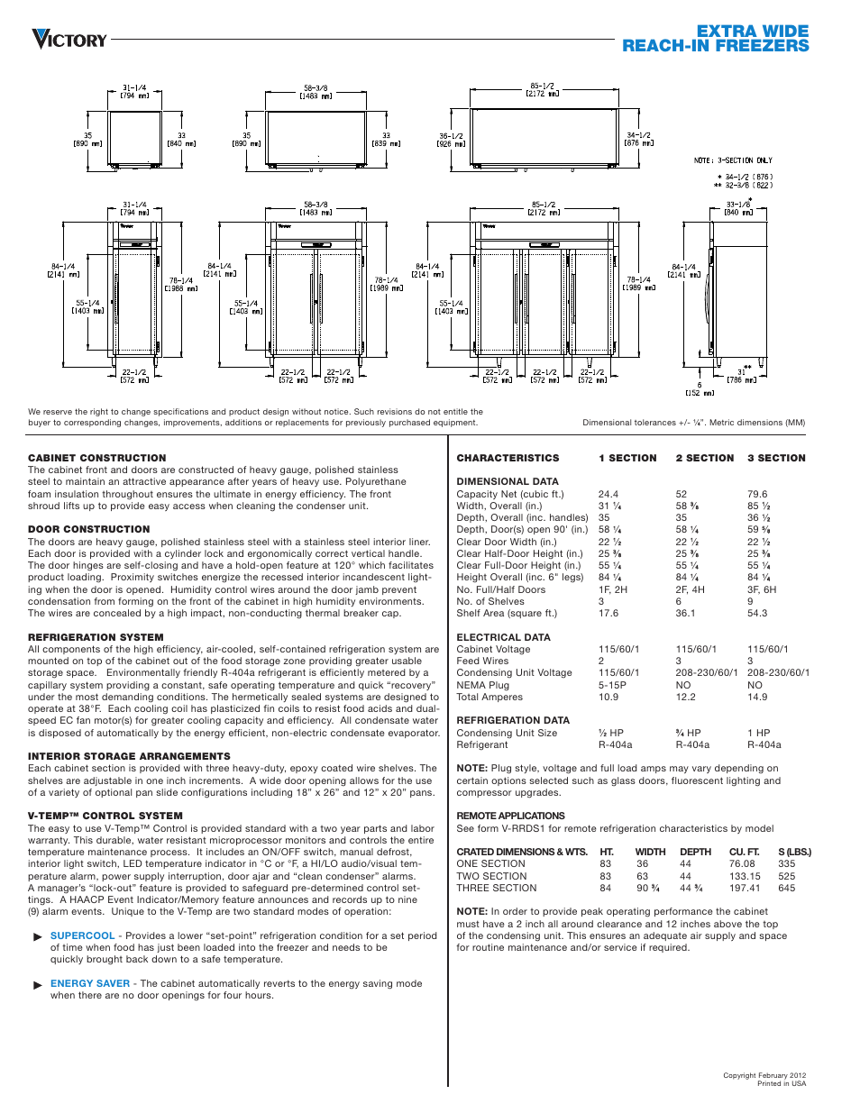 Extra wide reach-in freezers | Victory Refrigeration FSA-1D-S7-EW User Manual | Page 2 / 2