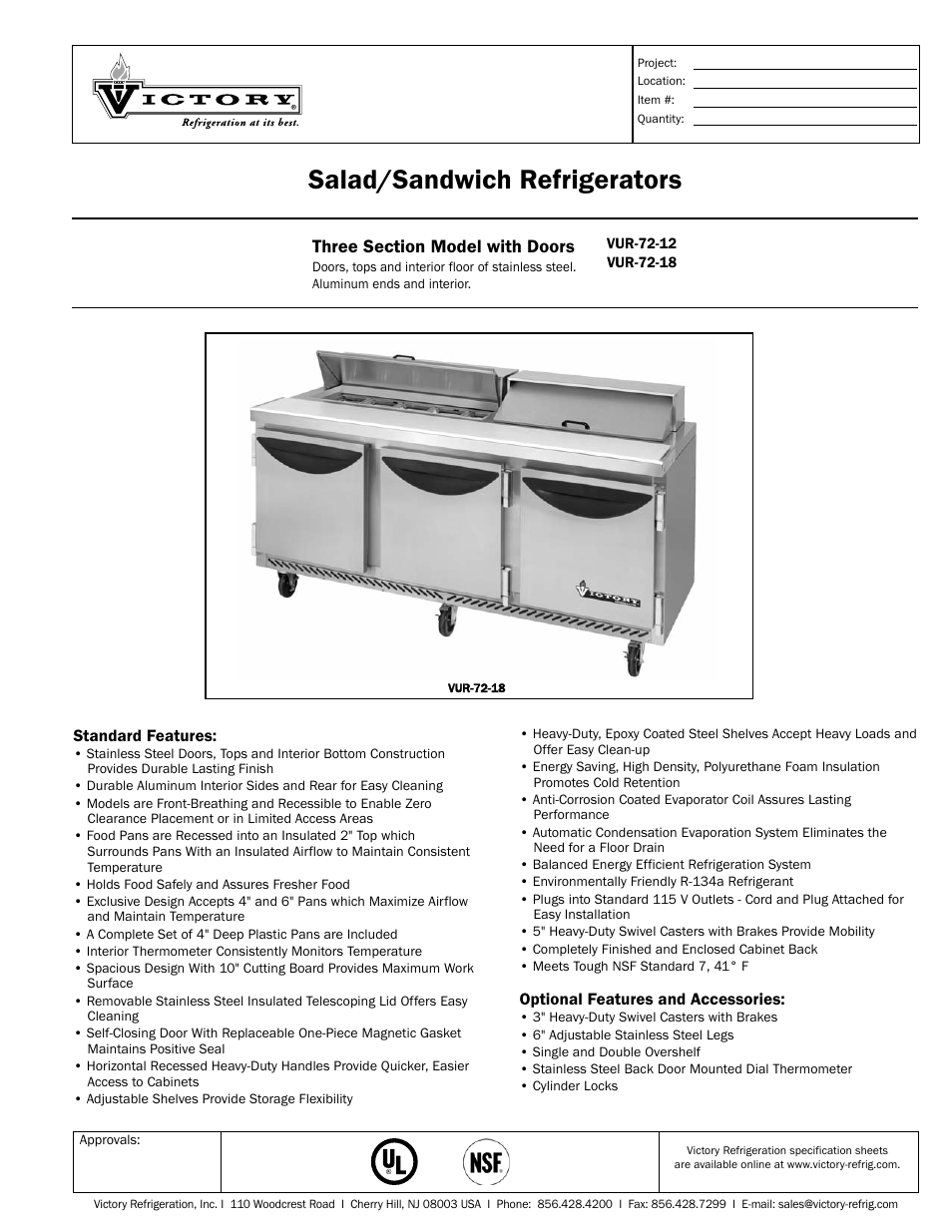 Victory Refrigeration VUR-72-12-18 User Manual | 2 pages