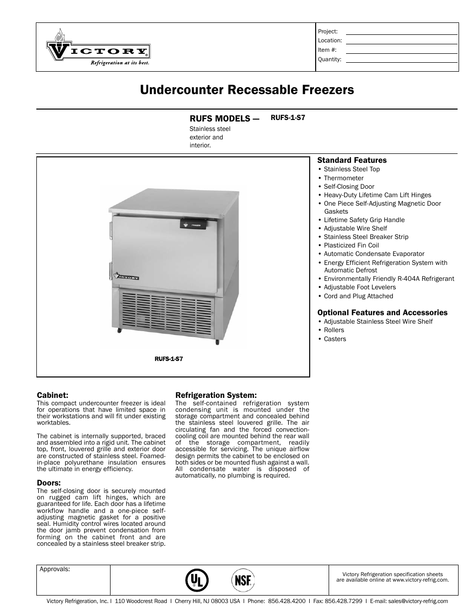 Victory Refrigeration RUFS-1-S7 User Manual | 2 pages