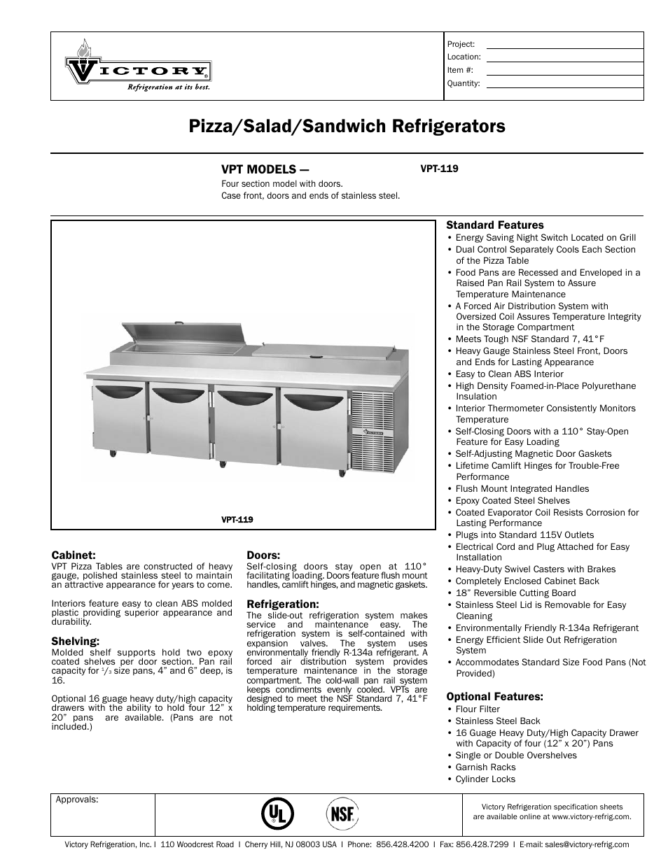 Victory Refrigeration VPT-119 User Manual | 2 pages