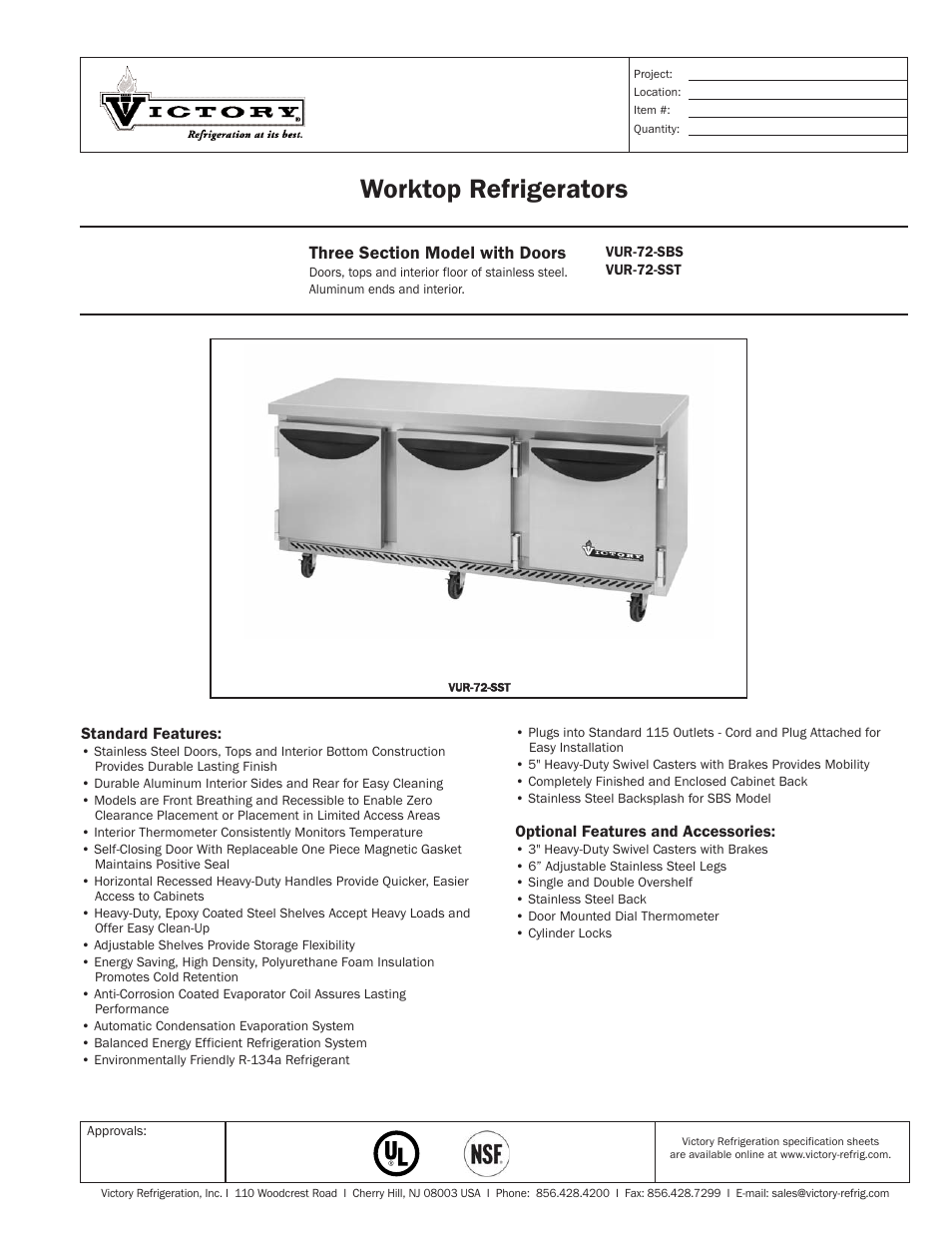 Victory Refrigeration VUR-72-SST User Manual | 2 pages