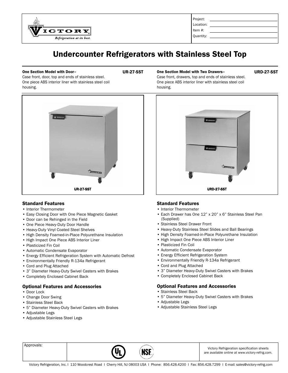 Victory Refrigeration URD-27-SST User Manual | 2 pages