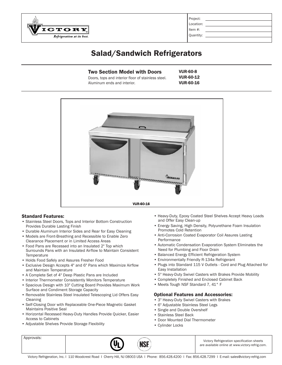 Victory Refrigeration VUR-60-8 User Manual | 2 pages