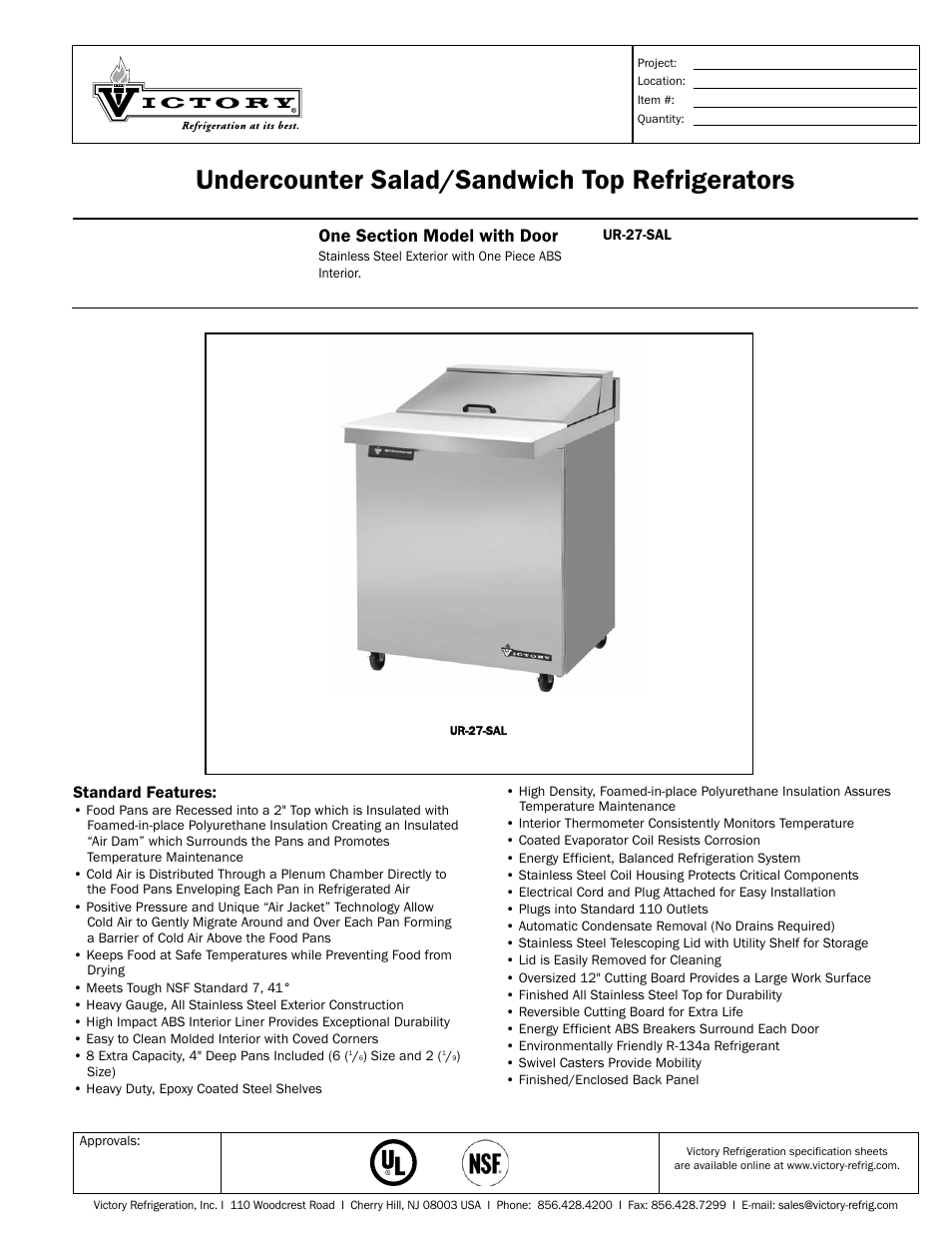Victory Refrigeration UR-27-SAL User Manual | 2 pages