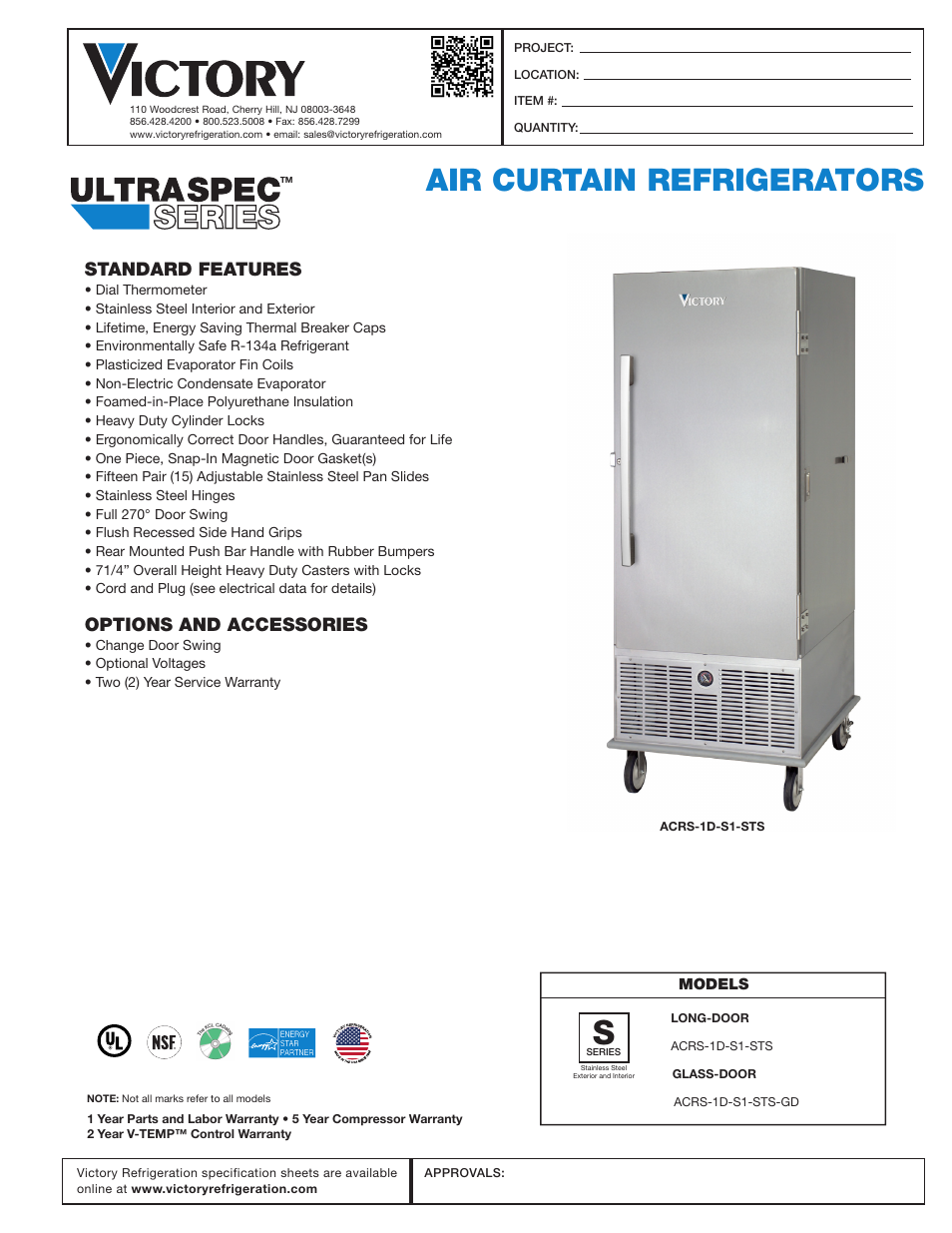 Victory Refrigeration ACRS-1D-S7-SST User Manual | 2 pages