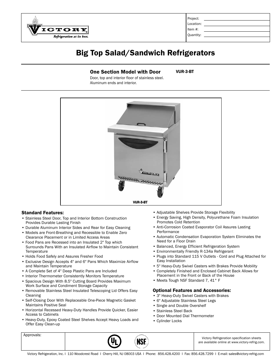 Victory Refrigeration VUR3-BT User Manual | 2 pages