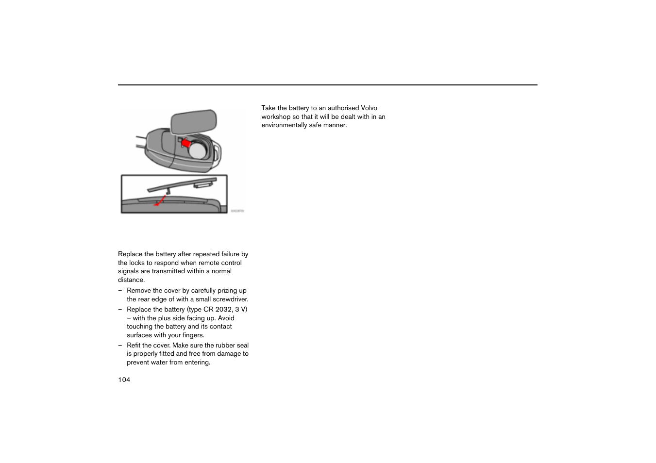 Changing the remote control battery | Volvo V70R User Manual | Page 105 / 254