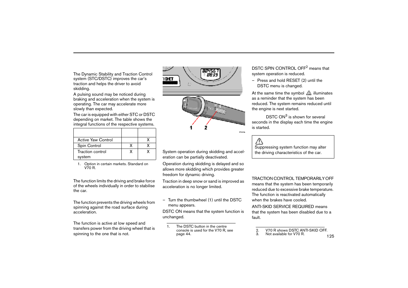 Reduced operation, Messages in the information display, Stability and traction control system | Volvo V70R User Manual | Page 126 / 254