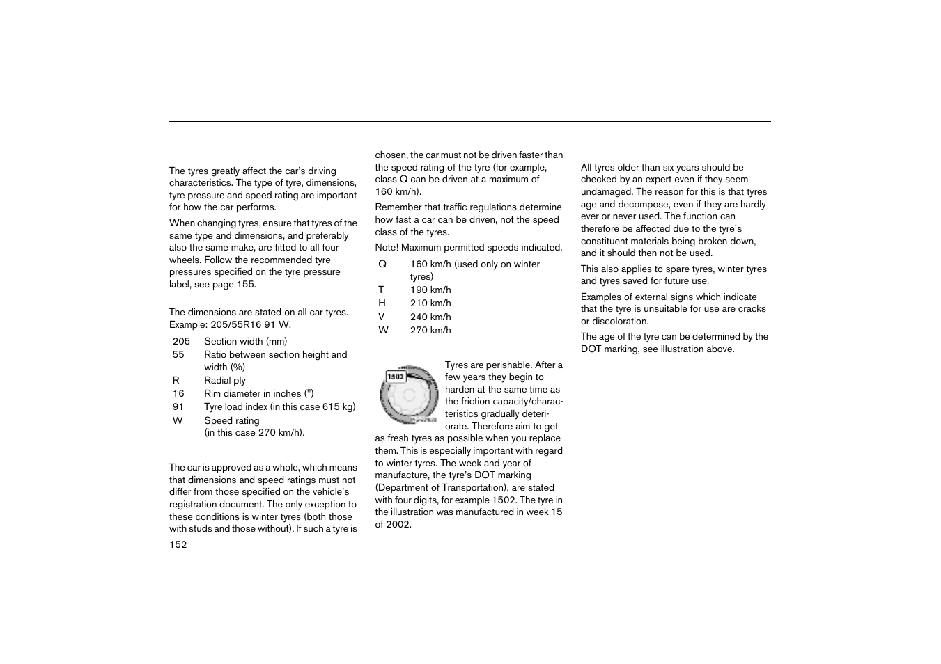 Speed ratings, New tyres, General | Volvo V70R User Manual | Page 153 / 254