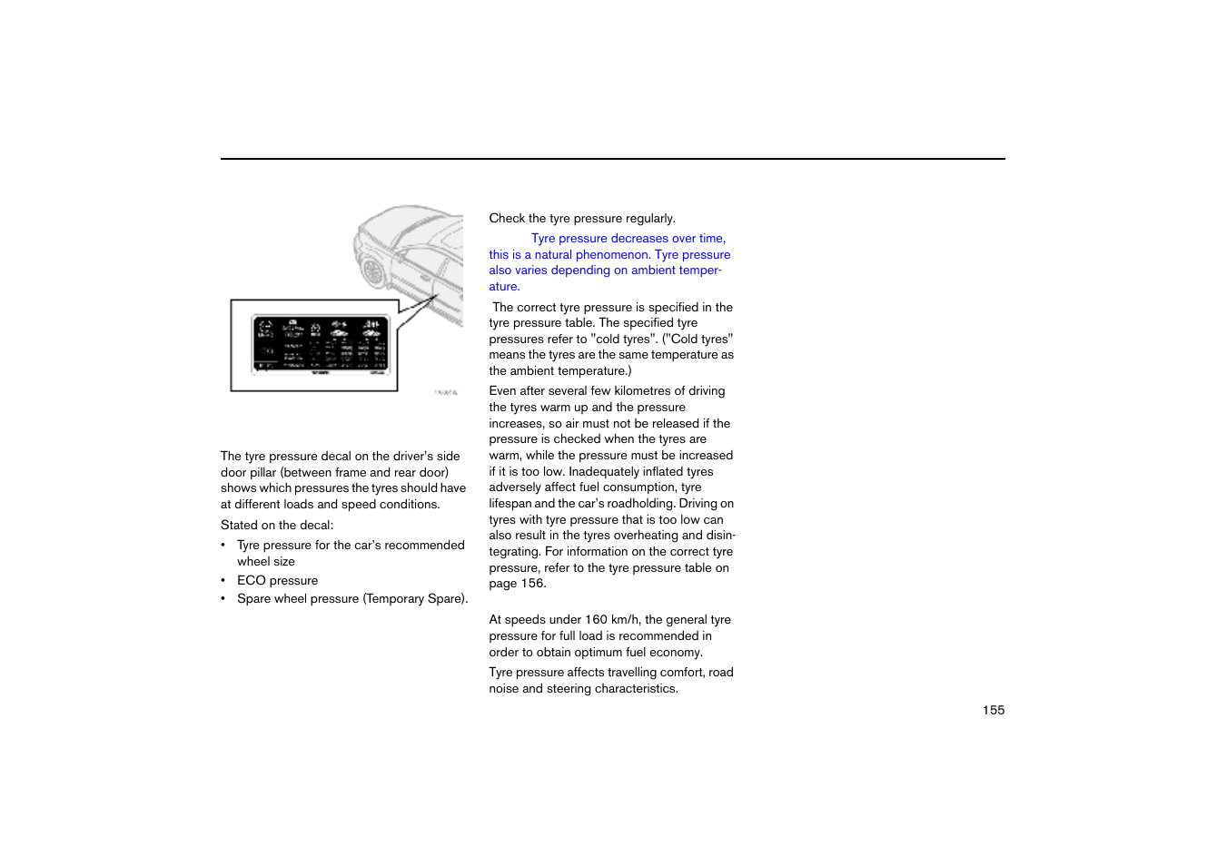 Recommended tyre pressure, Tyre pressure | Volvo V70R User Manual | Page 156 / 254