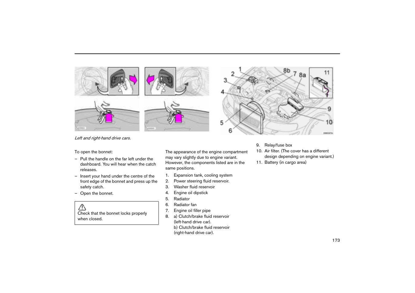 Opening the bonnet, Engine compartment, Bonnet and engine compartment | Volvo V70R User Manual | Page 174 / 254