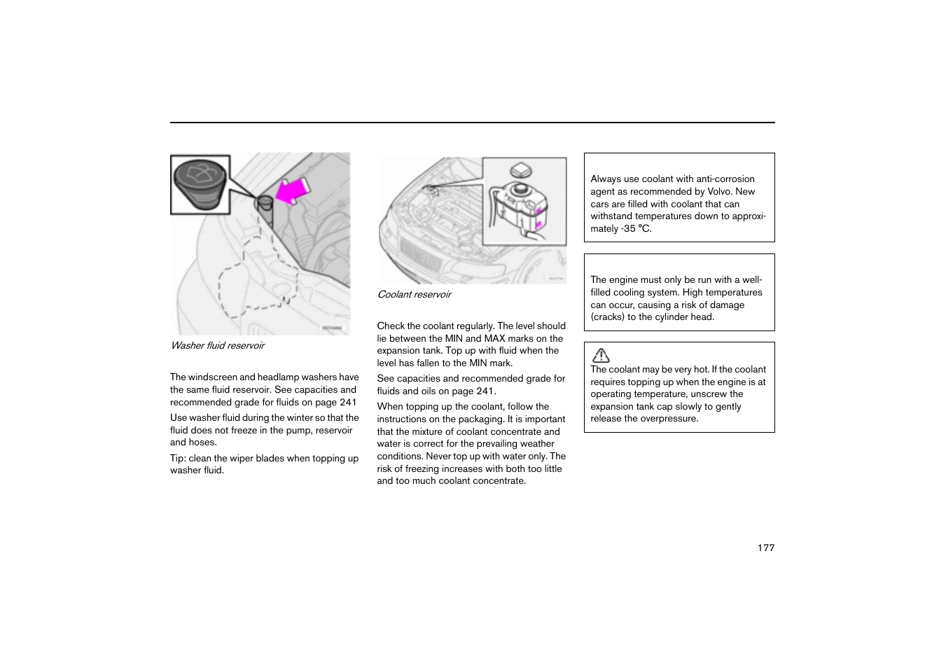 Washer fluid reservoir, Coolant reservoir | Volvo V70R User Manual | Page 178 / 254