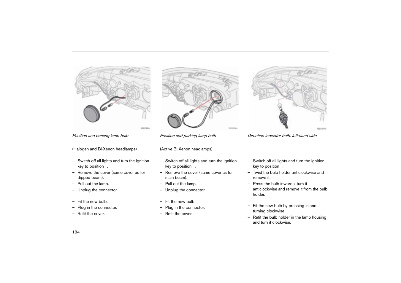 Position/parking lamps, Direction indicator, left-hand side | Volvo V70R User Manual | Page 185 / 254