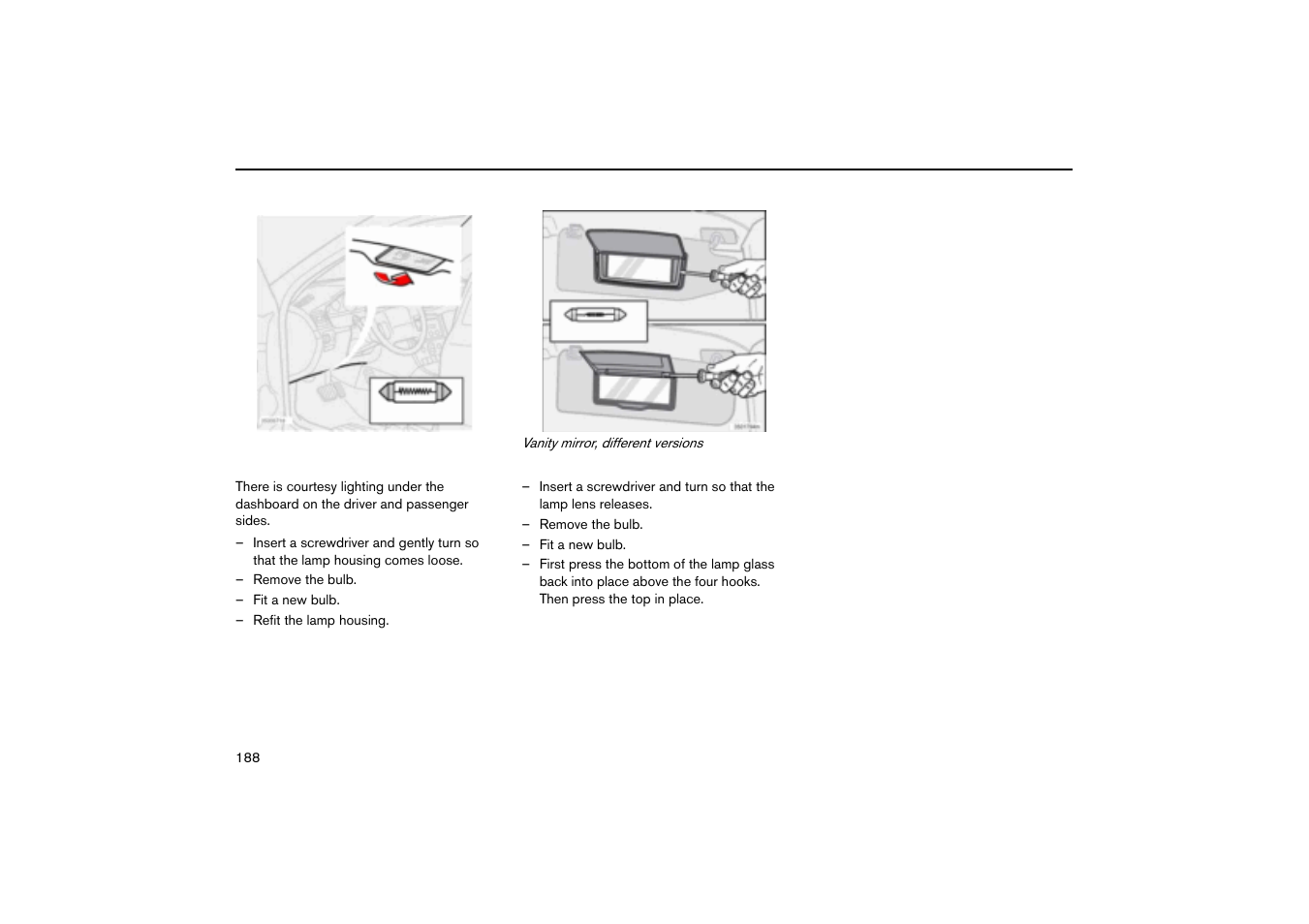 Courtesy lighting, Vanity mirror lighting | Volvo V70R User Manual | Page 189 / 254