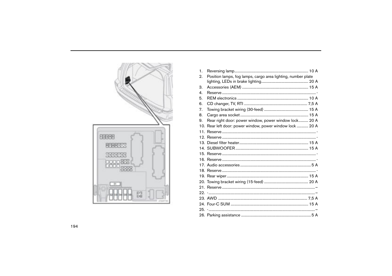 Fuses in the cargo area | Volvo V70R User Manual | Page 195 / 254