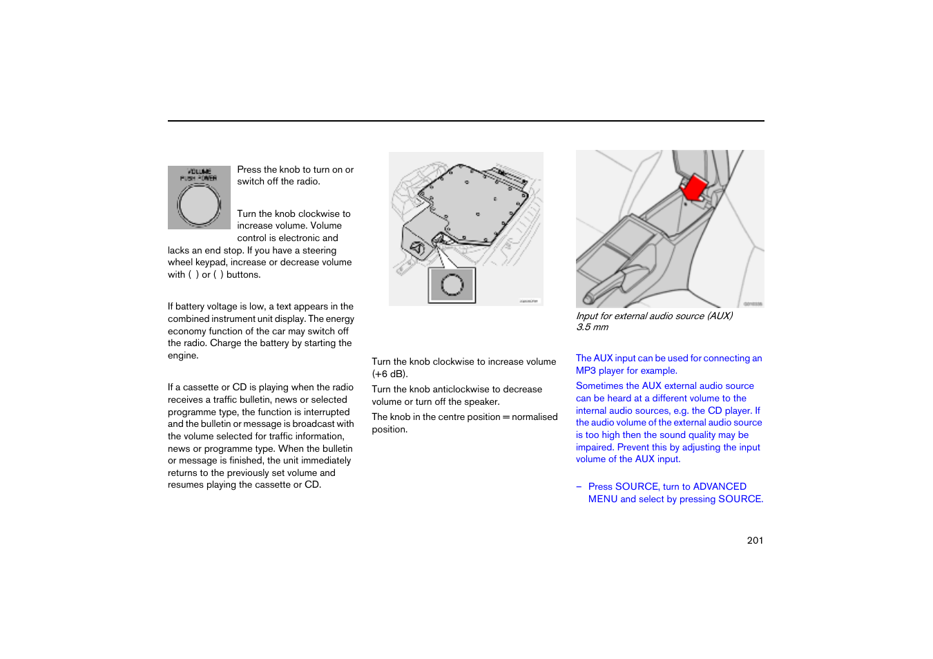 Volume control, Low battery voltage, Volume control - tp/pty/news | Volume control - auxiliary bass speaker (option), Audio functions hu-450/650/850 | Volvo V70R User Manual | Page 202 / 254