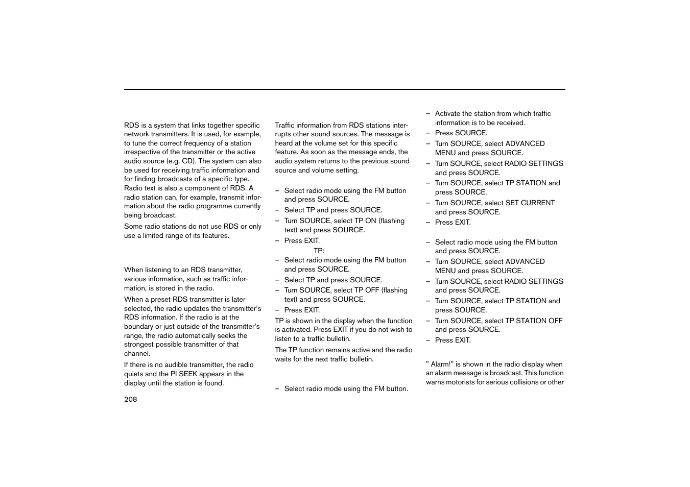 Pi seek (automatic search for stations), Traffic information - tp station, Alarm | Radio functions hu-450/650/850 | Volvo V70R User Manual | Page 209 / 254