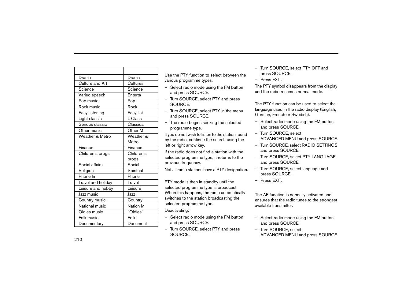 Programme type - pty, Automatic frequency updating | Volvo V70R User Manual | Page 211 / 254