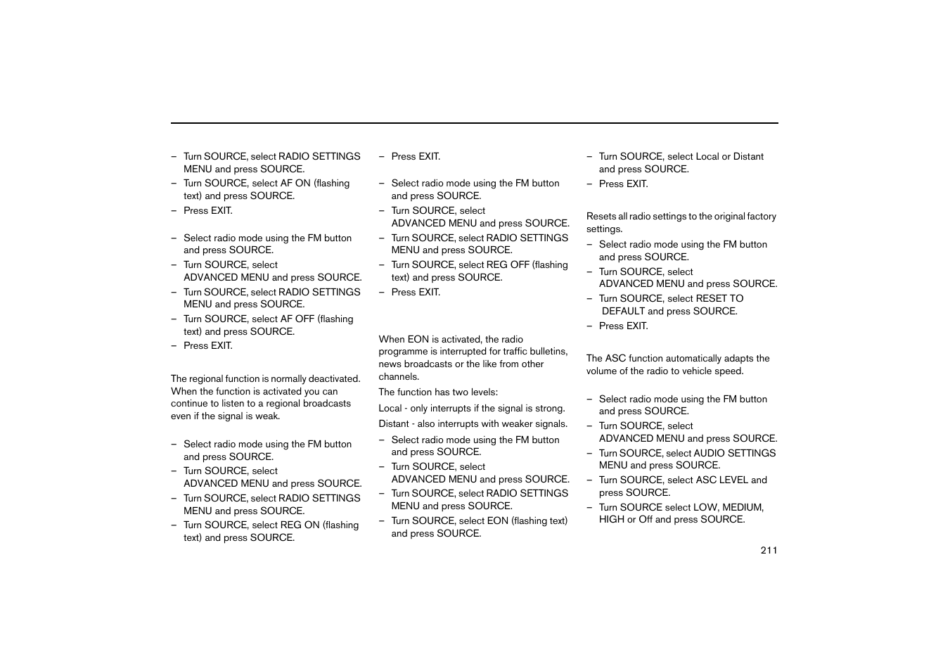 Regional radio programmes, Eon - local/distant (enhanced other networks), Resetting rds functions | Asc (active sound control) | Volvo V70R User Manual | Page 212 / 254