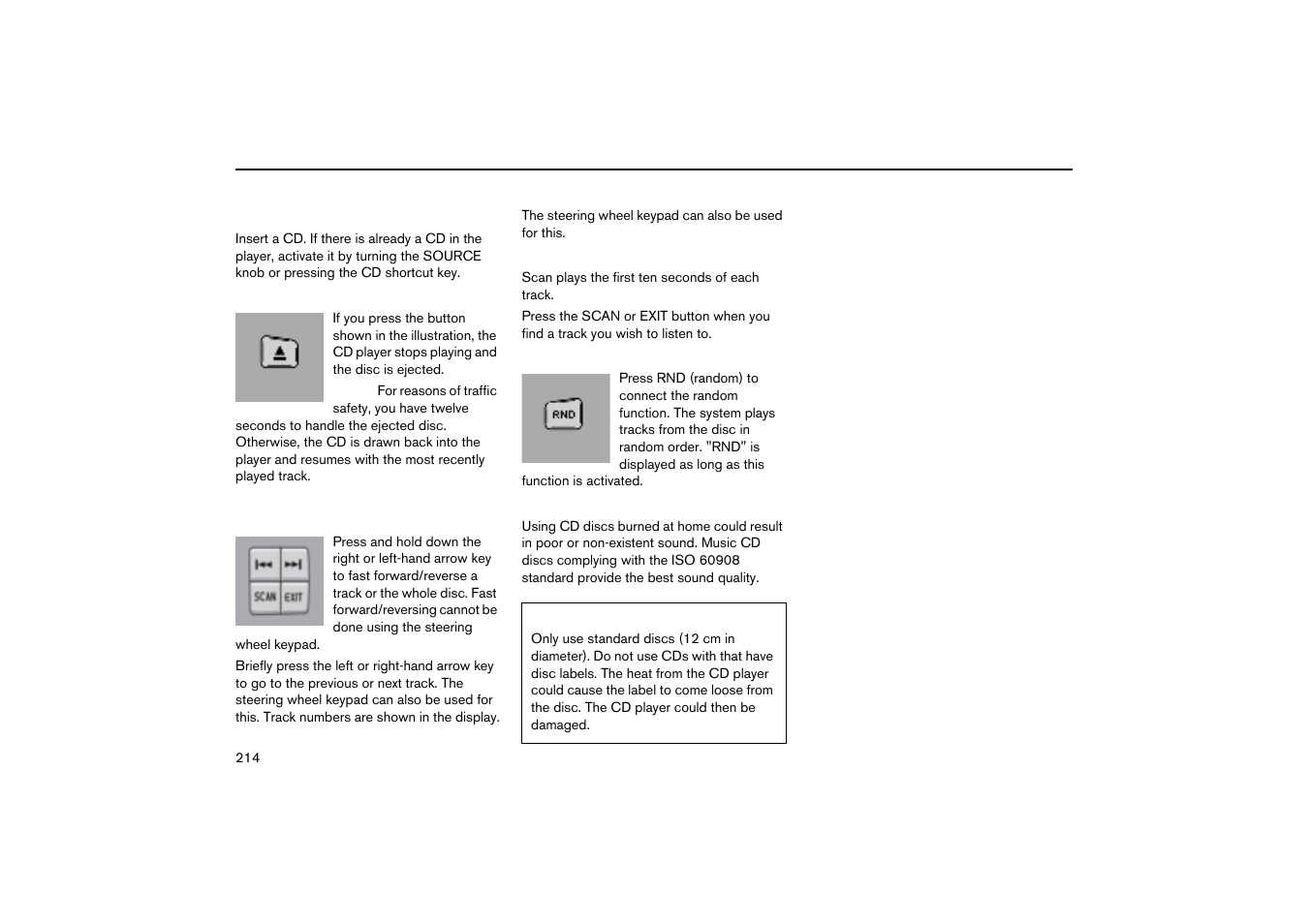 Cd eject, Fast forward/reverse and change track, Scanning | Random, Cd discs, Cd player hu-650 | Volvo V70R User Manual | Page 215 / 254