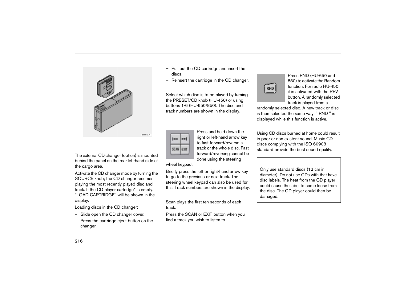 Cd changer, Selecting discs, Fast forward/reverse and change track | Scanning, Random, Cd discs, External cd changer hu-450/650/850 | Volvo V70R User Manual | Page 217 / 254