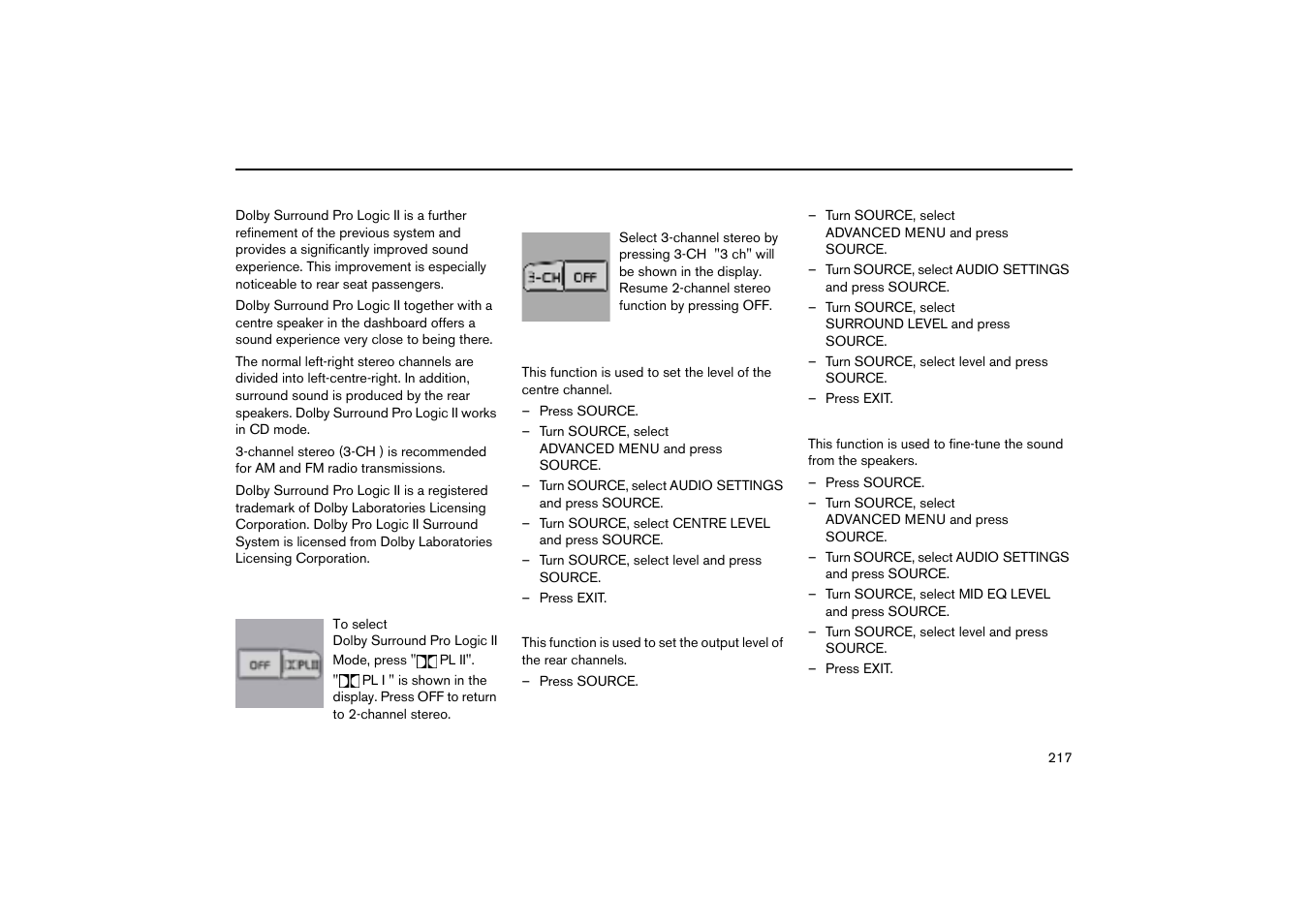 Dolby surround pro logic ii mode, Channel stereo, Centre level | Surround level, Mid eq level, Dolby surround pro logic ii hu-850 | Volvo V70R User Manual | Page 218 / 254