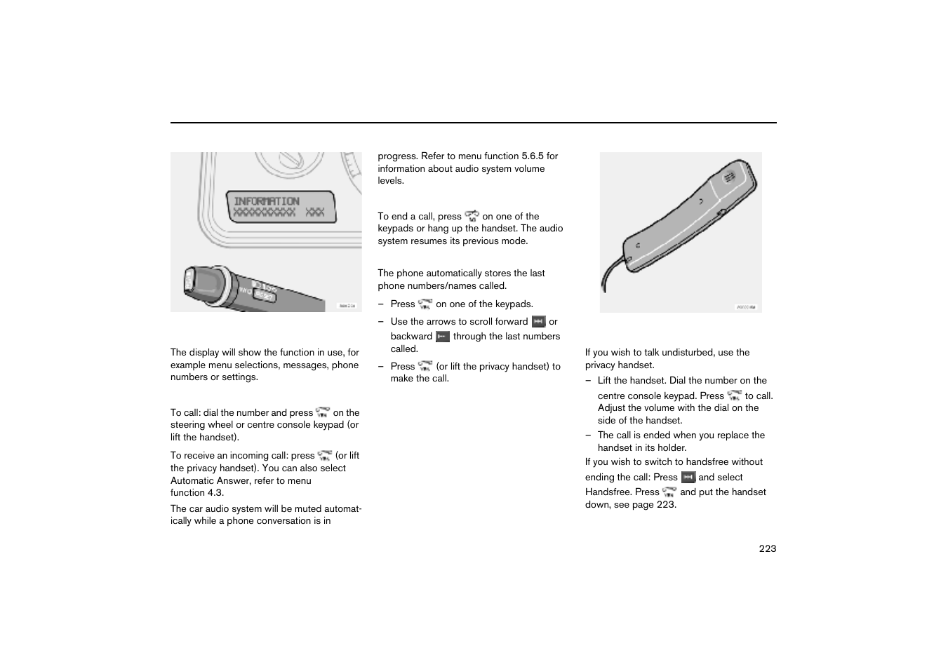 Display, Making and receiving calls, Ending a call | Last number called, Privacy handset, Call options | Volvo V70R User Manual | Page 224 / 254