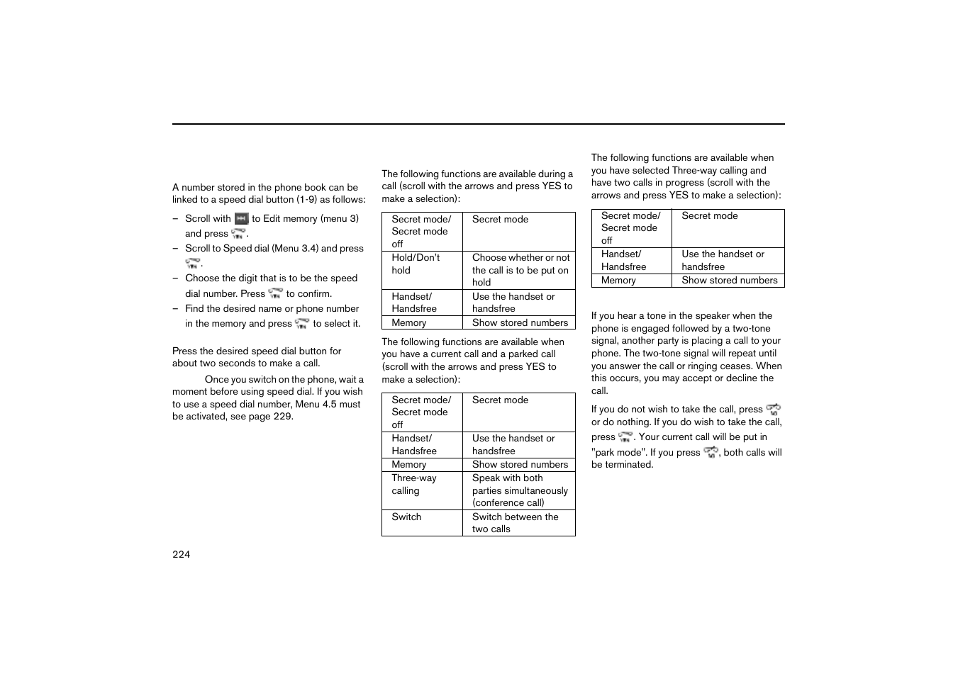 Speed dial, Functions during a call, Call waiting | Volvo V70R User Manual | Page 225 / 254