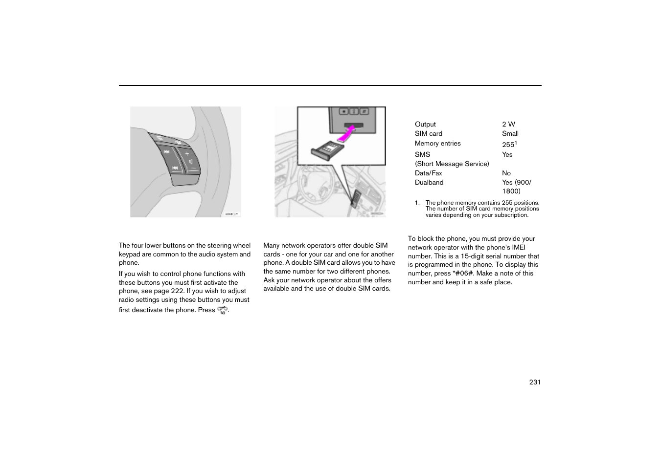 Radio/phone, Double sim cards, Imei number | Miscellaneous information | Volvo V70R User Manual | Page 232 / 254