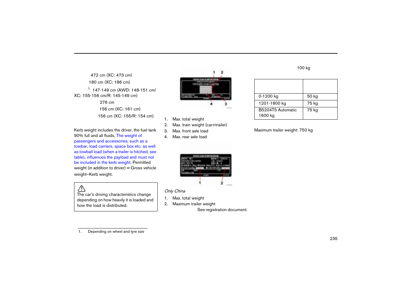 Weights, Dimensions and weights | Volvo V70R User Manual | Page 236 / 254