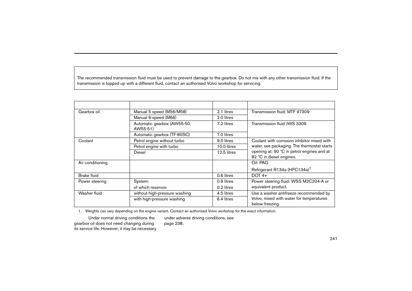 Other fluids and lubricants | Volvo V70R User Manual | Page 242 / 254