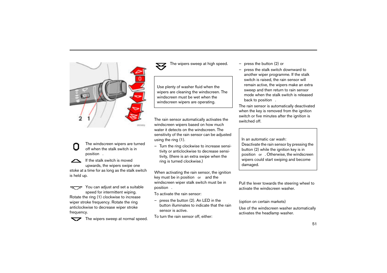 Windscreen wipers, Windscreen washer, Headlamp washer | Right-hand stalk switch | Volvo V70R User Manual | Page 52 / 254