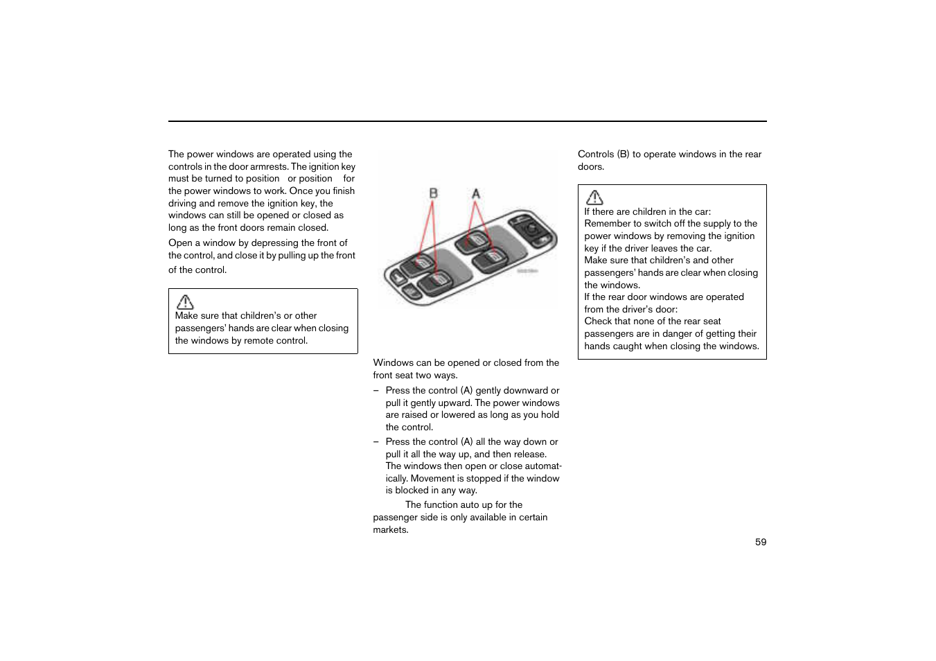 Power windows in the front doors, Power windows | Volvo V70R User Manual | Page 60 / 254