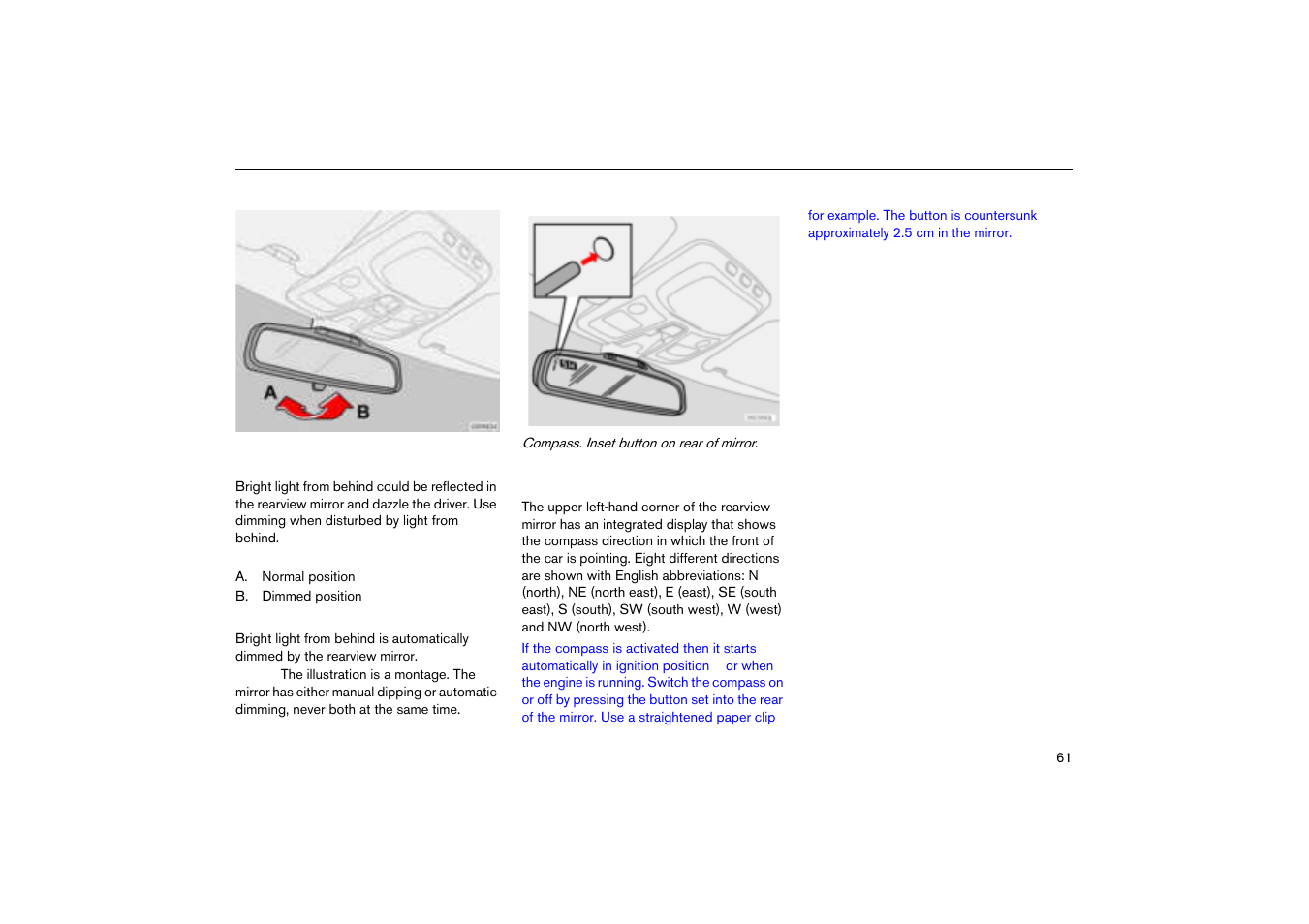 Interior rearview mirror, Rearview and door mirrors | Volvo V70R User Manual | Page 62 / 254