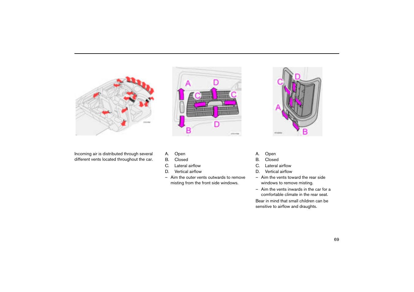 Air distribution, Panel vents in the dashboard, Panel vents in the door pillars | Volvo V70R User Manual | Page 70 / 254