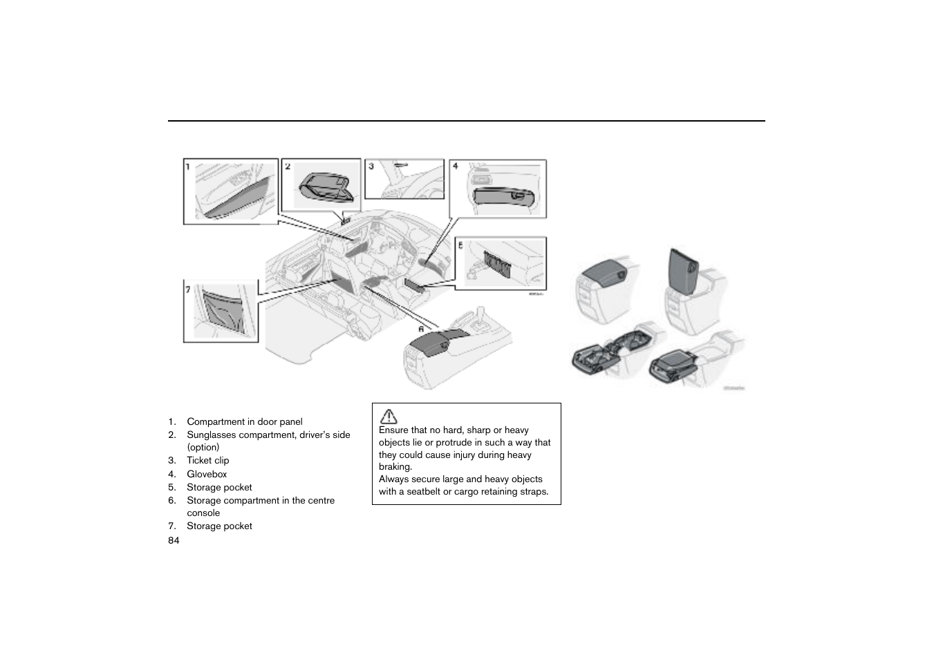 Storage spaces, Storage spaces in the passenger compartment | Volvo V70R User Manual | Page 85 / 254